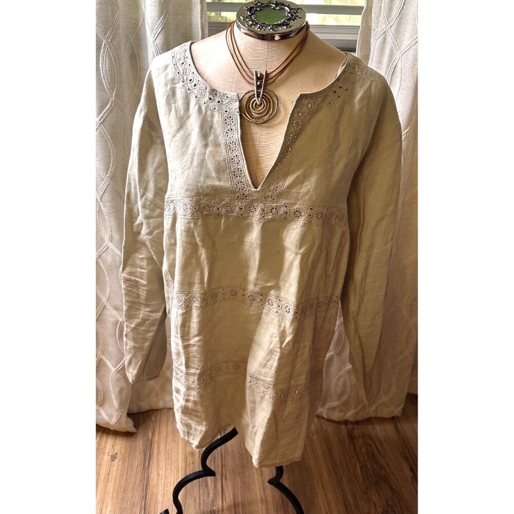 VTG John Paul Richard Womens Pure Linen Embroidered Tunic Top & Skirt Set 2X BBW